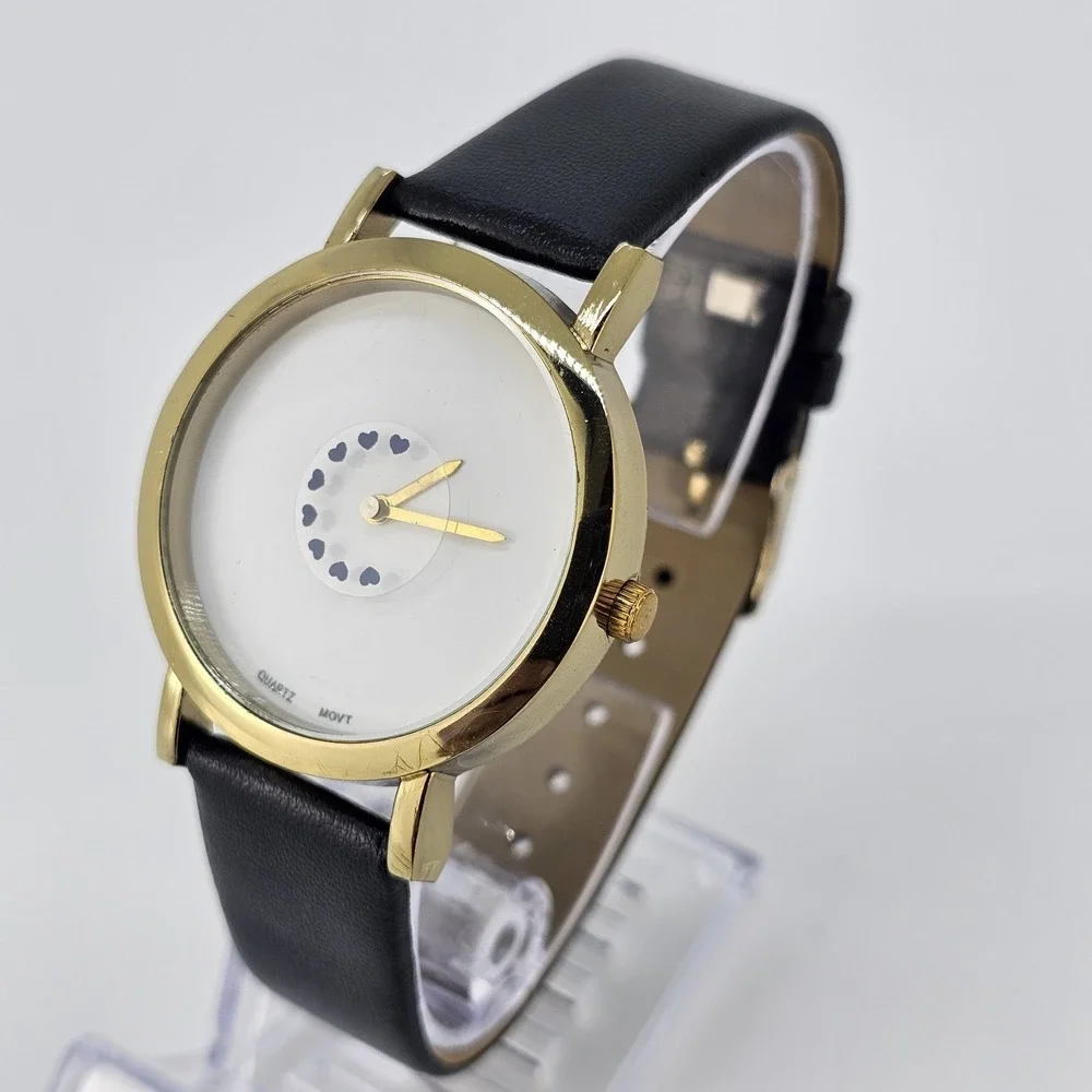 Women's Hearts Analog Watch 38MM White Dial Black Faux Leather Bands NEW Battery